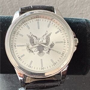 Black Leather Strap Silver Watch